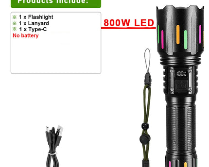 8000000LM Strong Light Flashlight Most Powerful LED Torch 800W Super Bright Flashlights Type C Rechargeable Lamp Long Shot Torch