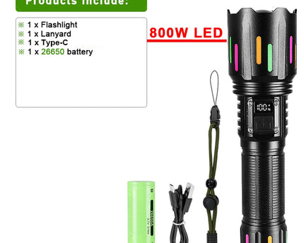 8000000LM Strong Light Flashlight Most Powerful LED Torch 800W Super Bright Flashlights Type C Rechargeable Lamp Long Shot Torch