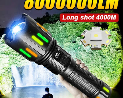 8000000LM Strong Light Flashlight Most Powerful LED Torch 800W Super Bright Flashlights Type C Rechargeable Lamp Long Shot Torch